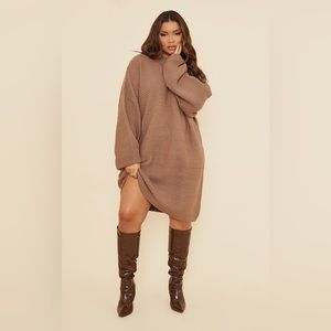 Mocha Knitted High Neck Rib Sweatshirt Dress